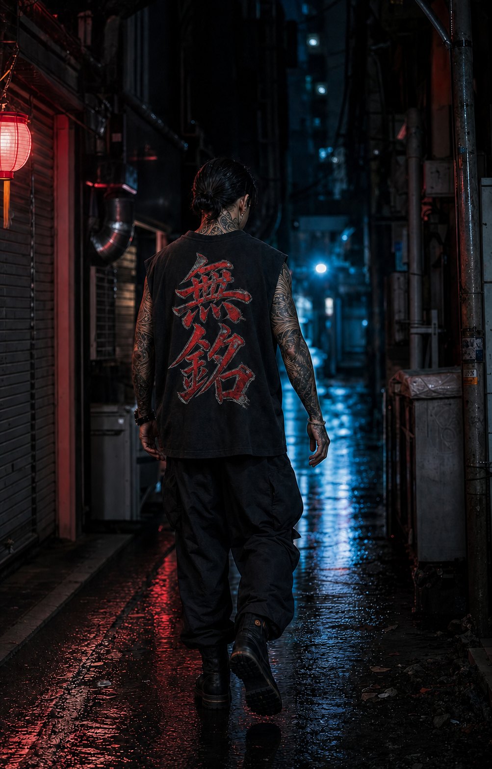 Anonymous tattooed artist MUMEI walking through a rain-wet Tokyo alley at night, photographed from behind.