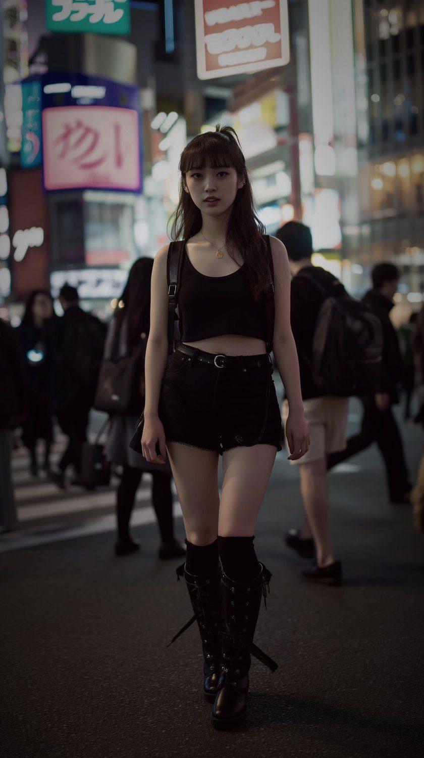 Model crossing a neon street at night