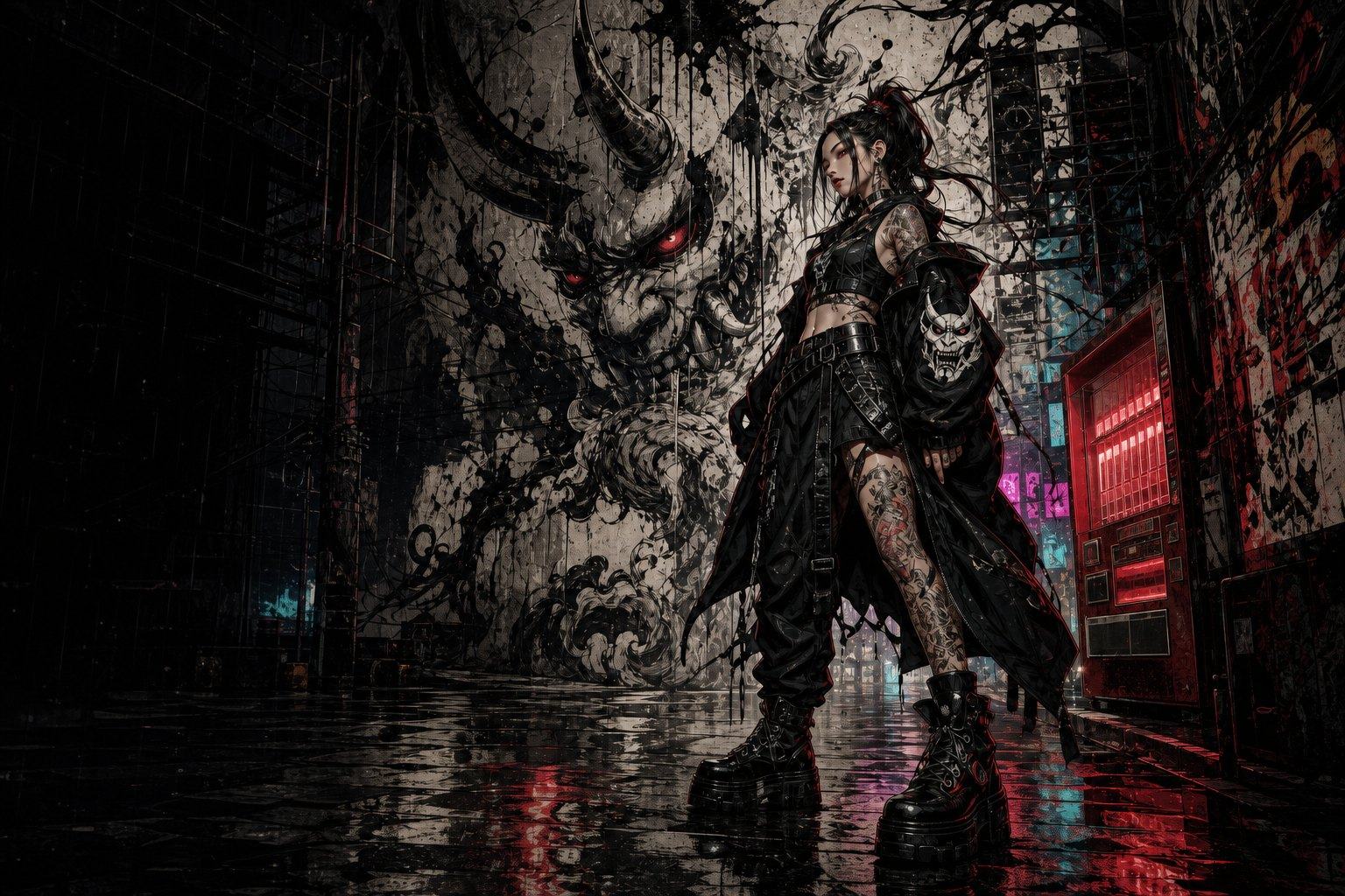 Chrome Ronin campaign print — The Guardian's Alley, oni guardian over a rain-soaked alley