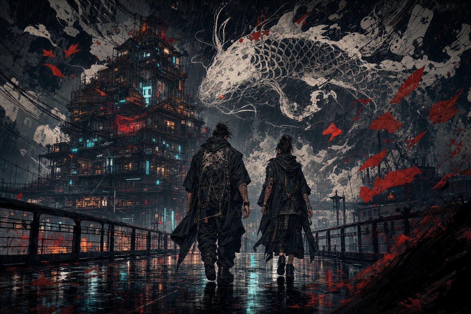 Chrome Ronin campaign print — The Koi Crossing, void koi over a neon crosswalk