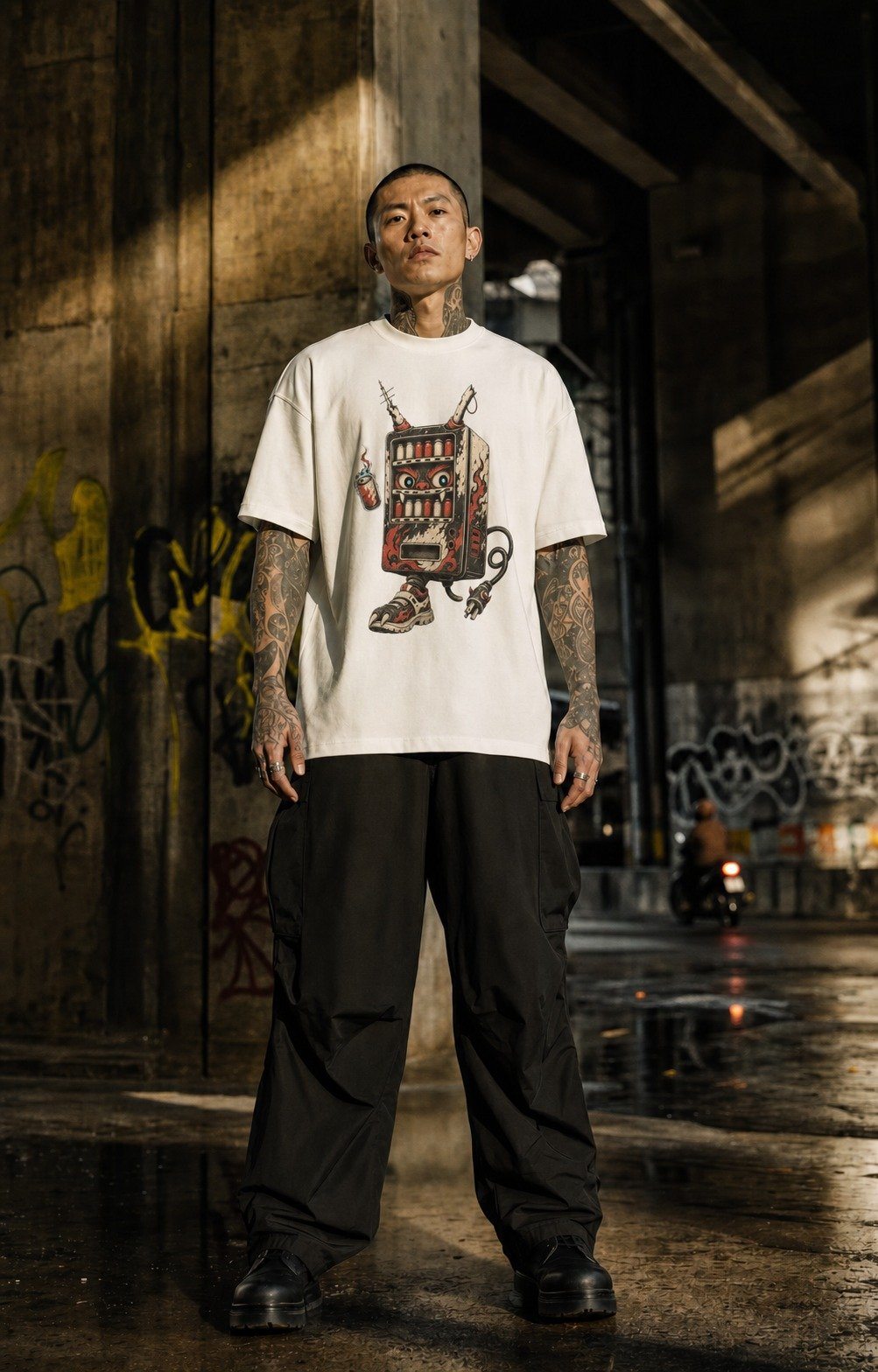 NIGHT VENDOR YOKAI — oni graphic tee, Bone white